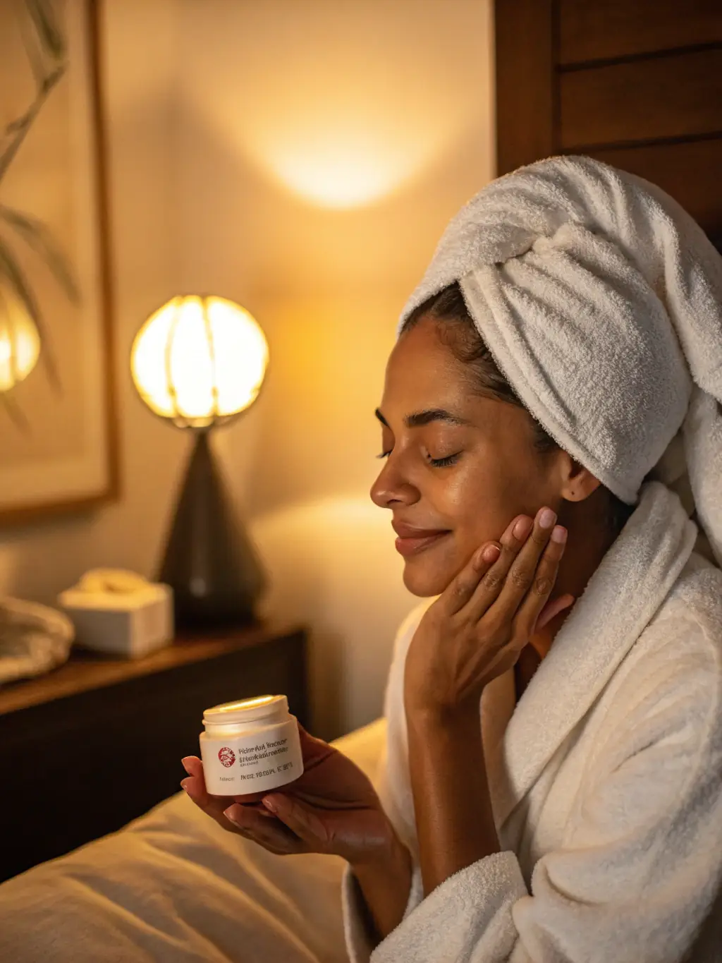 A person applying Rejuvenating Night Cream before bed, emphasizing the luxurious texture and the promise of overnight skin repair, set in a dimly lit bedroom with calming ambiance.