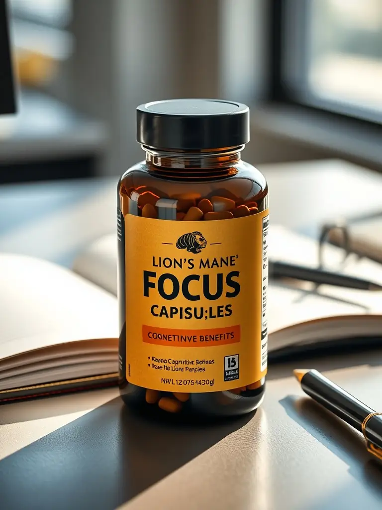 A close-up shot of Neuma Nine's nootropic supplement bottle, emphasizing its sleek design and the natural ingredients listed on the label, set against a backdrop of a focused individual working at a desk.