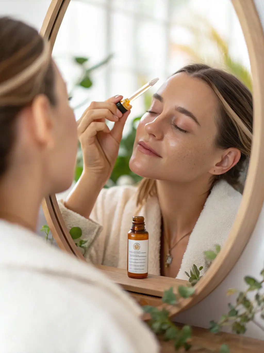 A person applying Hydrating Facial Serum to their face, showcasing the product's smooth application and the resulting radiant glow, set in a well-lit bathroom with minimalist decor.