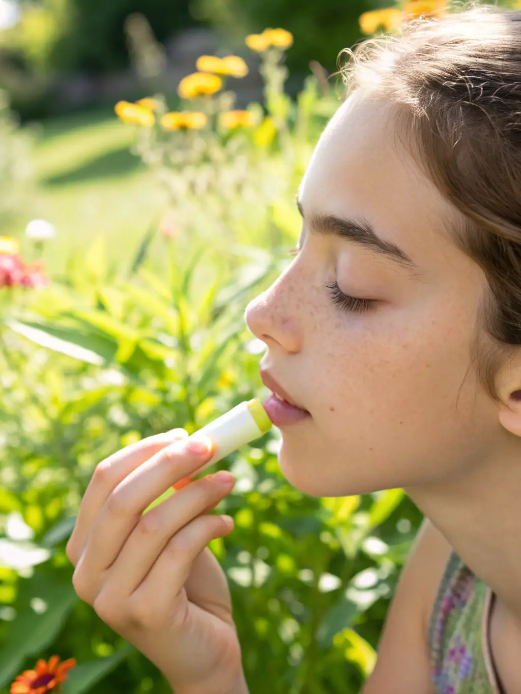 A person applying Organic Lip Balm, highlighting the smooth application and the subtle sheen it provides, set in a natural outdoor setting with soft sunlight.