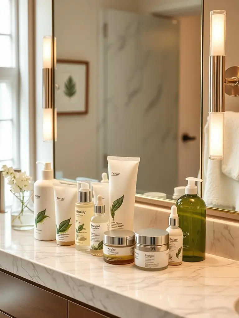 A visually appealing display of Neuma Nine's beauty essentials, featuring elegant packaging and vibrant colors, with a focus on clean ingredients and their nourishing properties, set in a modern bathroom setting.