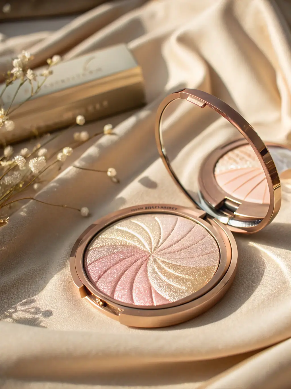 A person applying Natural Glow Highlighter to their cheekbones, demonstrating the subtle shimmer and enhanced natural beauty, set in a well-lit makeup room with professional lighting.